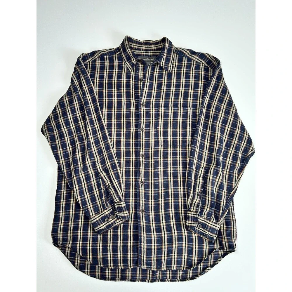 Banana Republic Plaid Lightweight Flannel Shirt Blue Tan Button Down Mens size M